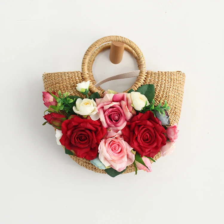 Women Fashion Rattan Handbag Colorful Artificial Flowers Weave Raffia Straw Summer Beach Bag Bohemia Holiday Tote and Hat Suit