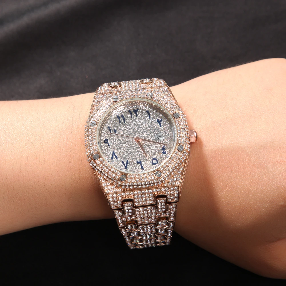 UWIN Hip Hop Stainless Steel Watches for Men Full Iced Out Stones Fashion Luxury Zircon Quartz Square Wristwatches for Gift