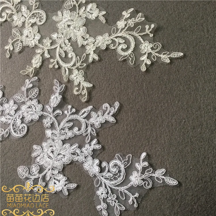 1Pair/2pcs Ivory White Embroidery Lace Flowers Applique Trim Veil Diy Handmade Materials Wedding Dress Decoration Accessories