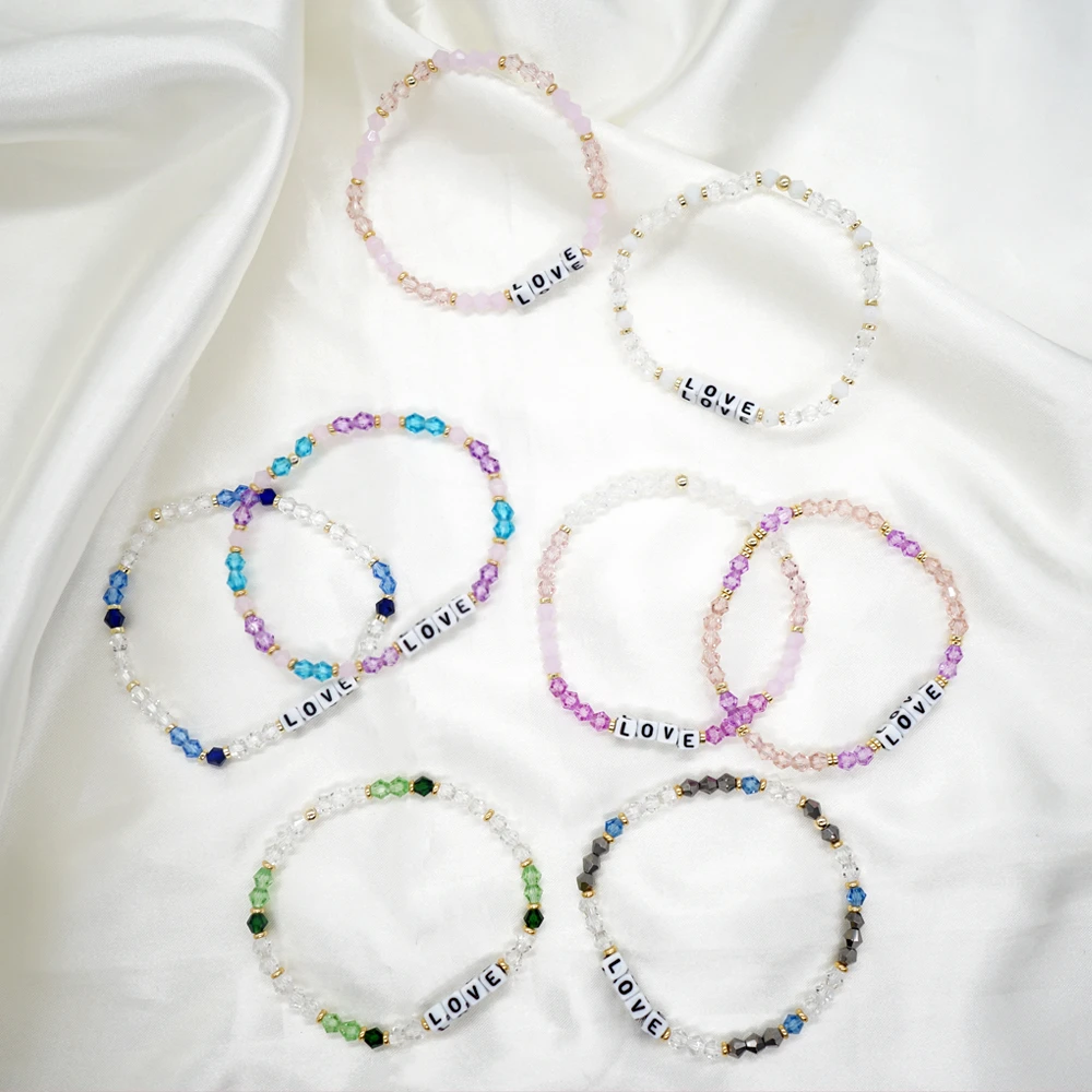 Go2Boho Romantic Crystal Beaded Bracelets LOVE Custom Letter Beads Strand Bracelet for Women Romantic Valentine\'s Day Jewelry