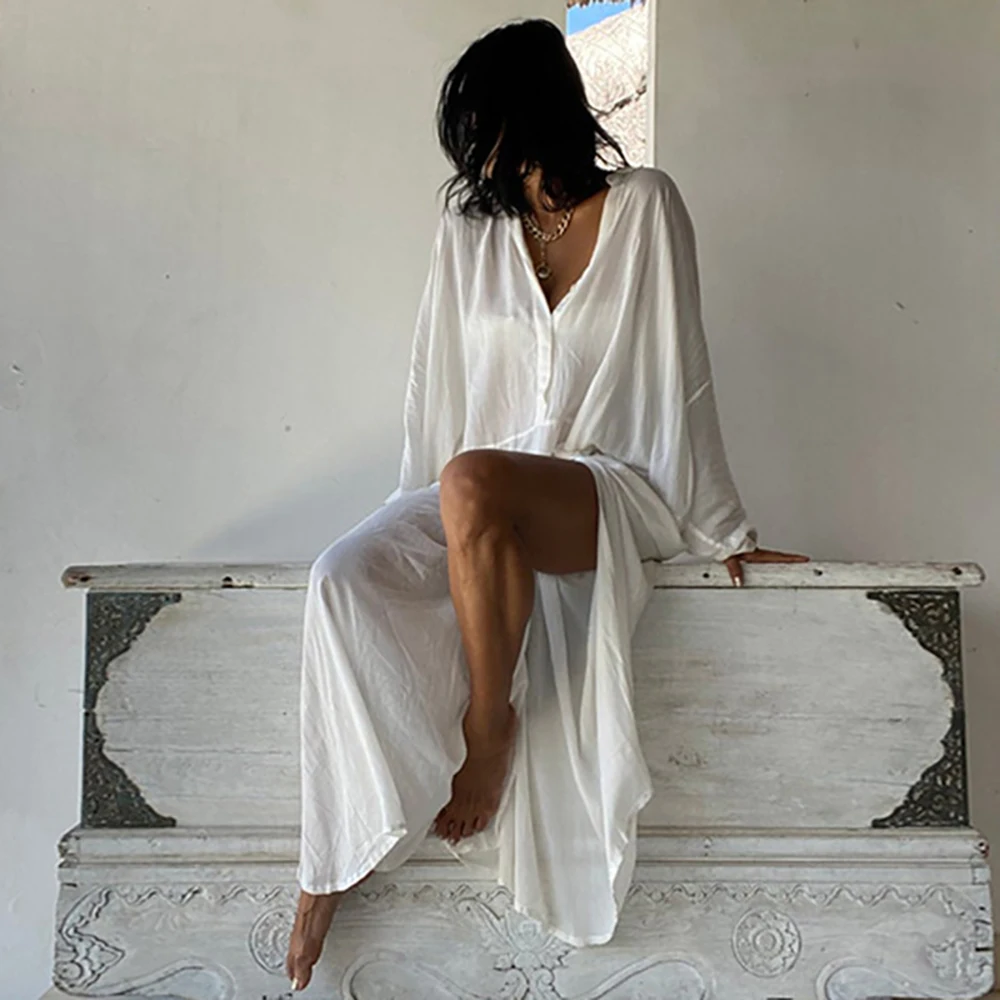 Women Swimsuit Cover Up Fashion Elegant Long Dress White Loose Pareo Sarong 2023 Beachwear Bathing Suit Kimono Kaftan