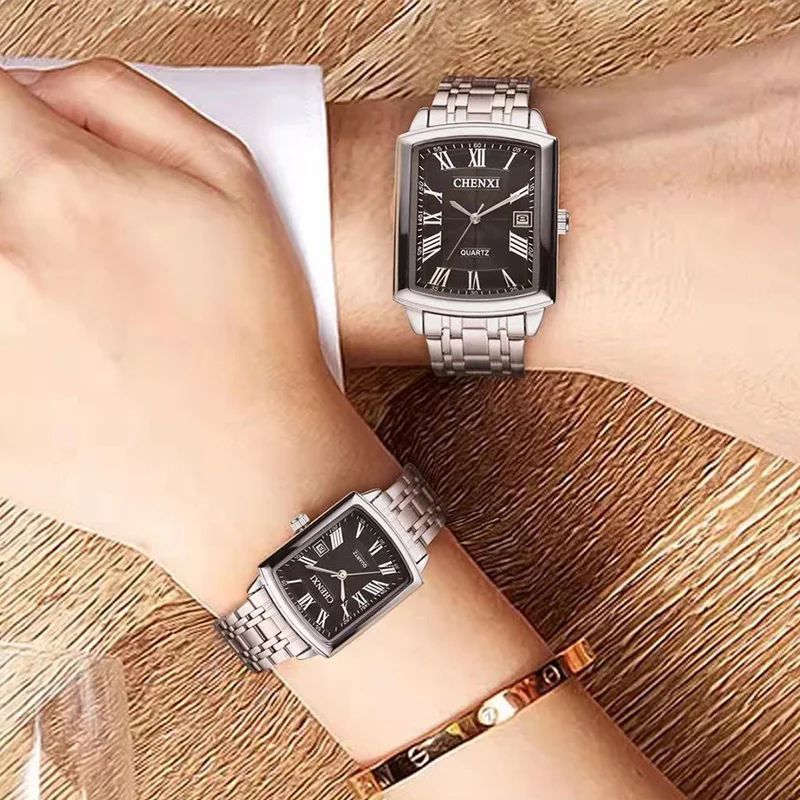 Silver Square Couple Watches Women Men Romantic Elegant Casual Lover\'s Watch Roman Numeral Stainless Steel Waterproof Gift Clock