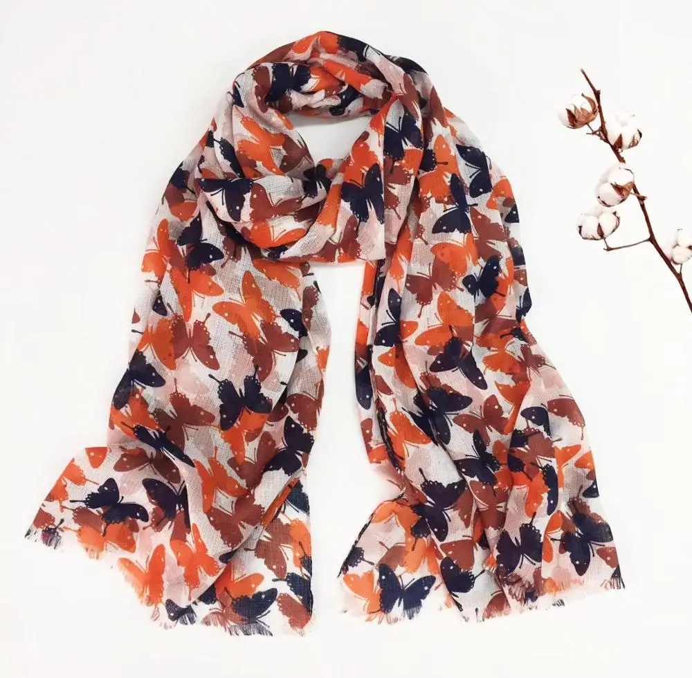 

2019 Fashion Cotton Beautiful Butterfly Print Fringe Scarves Shawls Long Soft Animal Wrap Scarf Hijab Echarpe 2019 Free Shipping