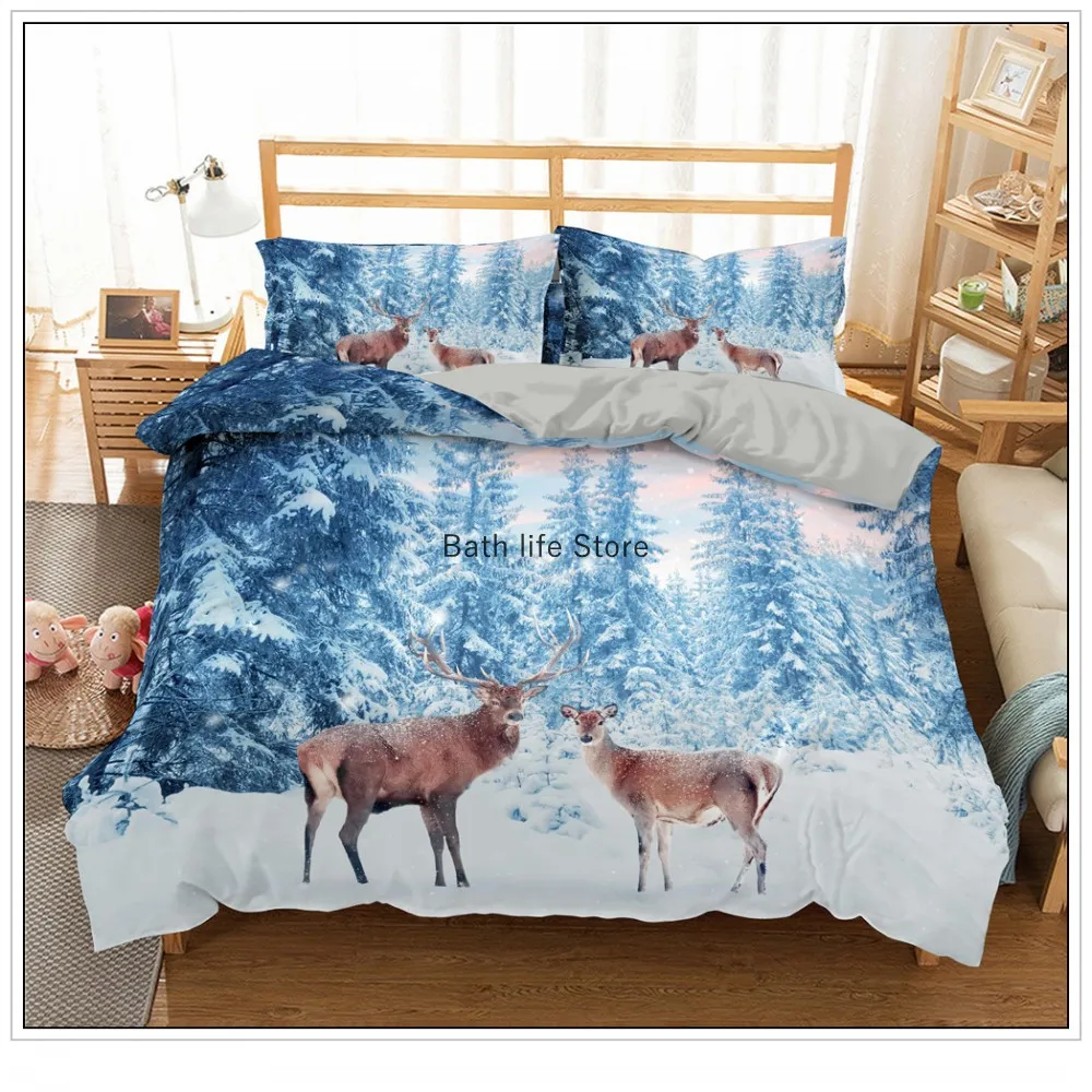 

Elk Bedding Sets Snowflake Forest Print Bed Linen Set Soft Microfiber Luxury Duvet Cover Pillowcase 2/3 Piece For Adults Gift