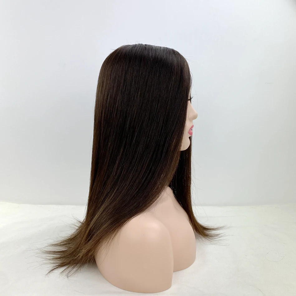 Cabelo humano topper para mulher natural olhar injetado base de seda marrom escuro tipo reto para desbaste cabelo e calvície remendos