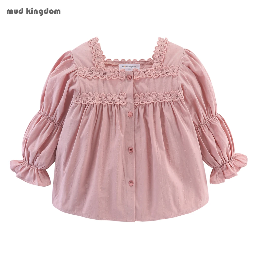 

Mudkingdom Fashion Button Down Girl Blouse Lace Smocked Long Sleeve Solid for Girls Tops Cotton Kids Clothes Spring Autumn