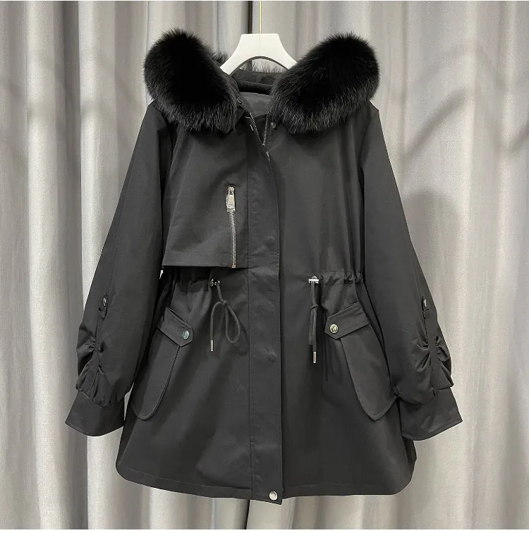 MENINA BONITA 2022 Parka Winter Jacket Women Real Rabbit Fur Liner Detachable Coat Natural Fox Fur Collar Hooded Warm Streetwear