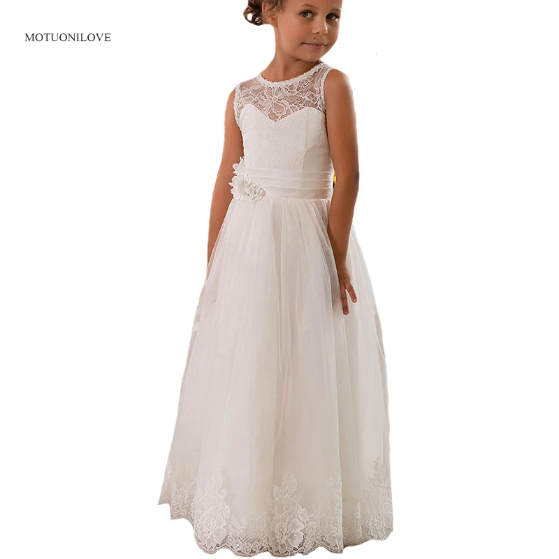 Jewel Sleeveless Lace A Line Little Kids Lovely Flower Girls Dresses For Weddings Long Baby Summer Clothing Vestido De Comunion