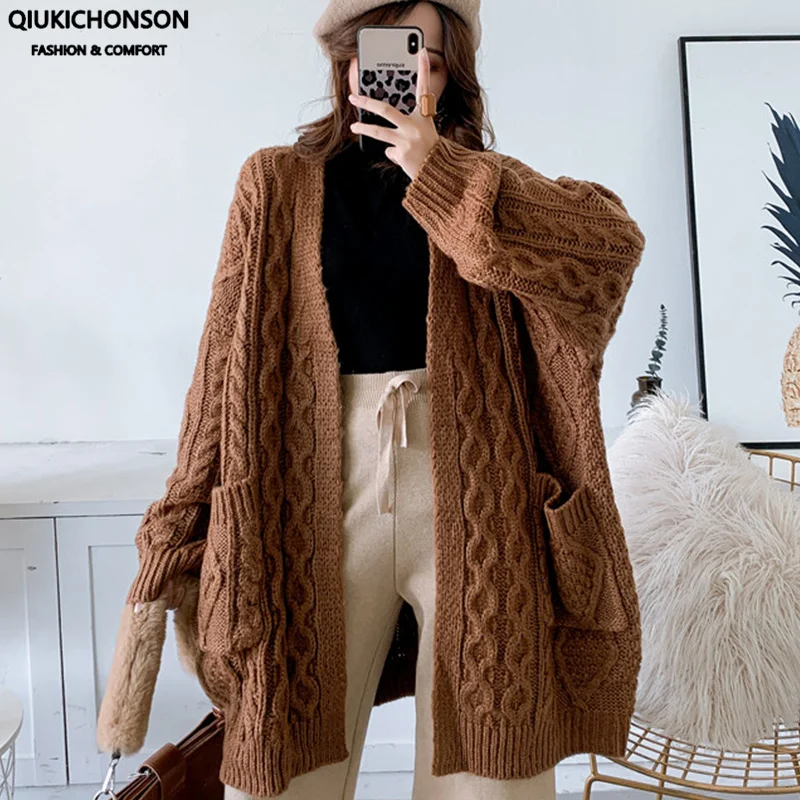 Oversized Chunky Knit Long Cardigan Women 2020 Thick Autumn Winter Coat Pockets Design Ladies Korean Fashion Mohair Sweater