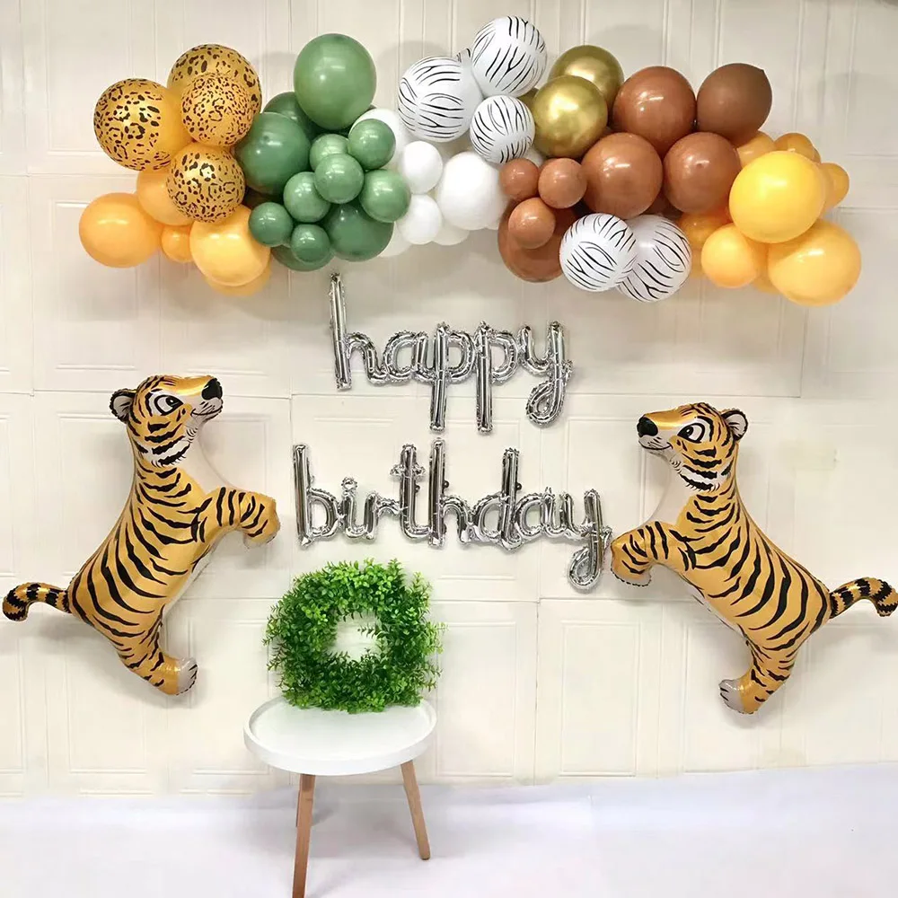 73Pcs Jungle Safari Balloon Arch Animal Stipe Balloons Garland Kit Happy Birthday Balloons Tiger Foil Balloons First Birthday