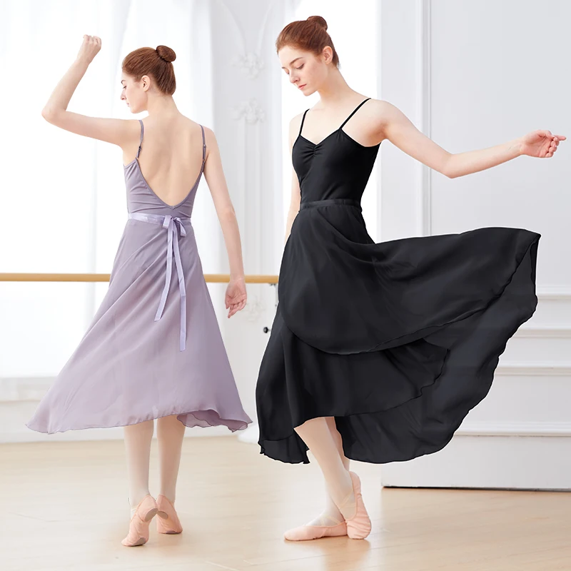 Adults Women Ballet Dance Skirts Long Chiffon Dance Skirts Lyrical Soft Ballet Dress Black Burgundy Translucent Dance Costumes