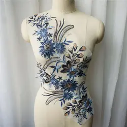 1 Set 2 pezzi blu paillettes fiore tessuto di pizzo ricamato abito Appliques colletto maglia cucire patch per la decorazione di cerimonia nuziale abito fai da te