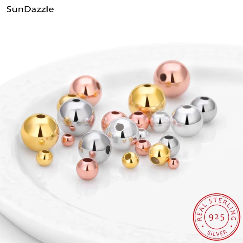 Small Hole Genuine Real Pure Solid 925 Sterling Silver Beads Rose Gold Round Smooth Loose Space Bead DIY Jewelry Findings