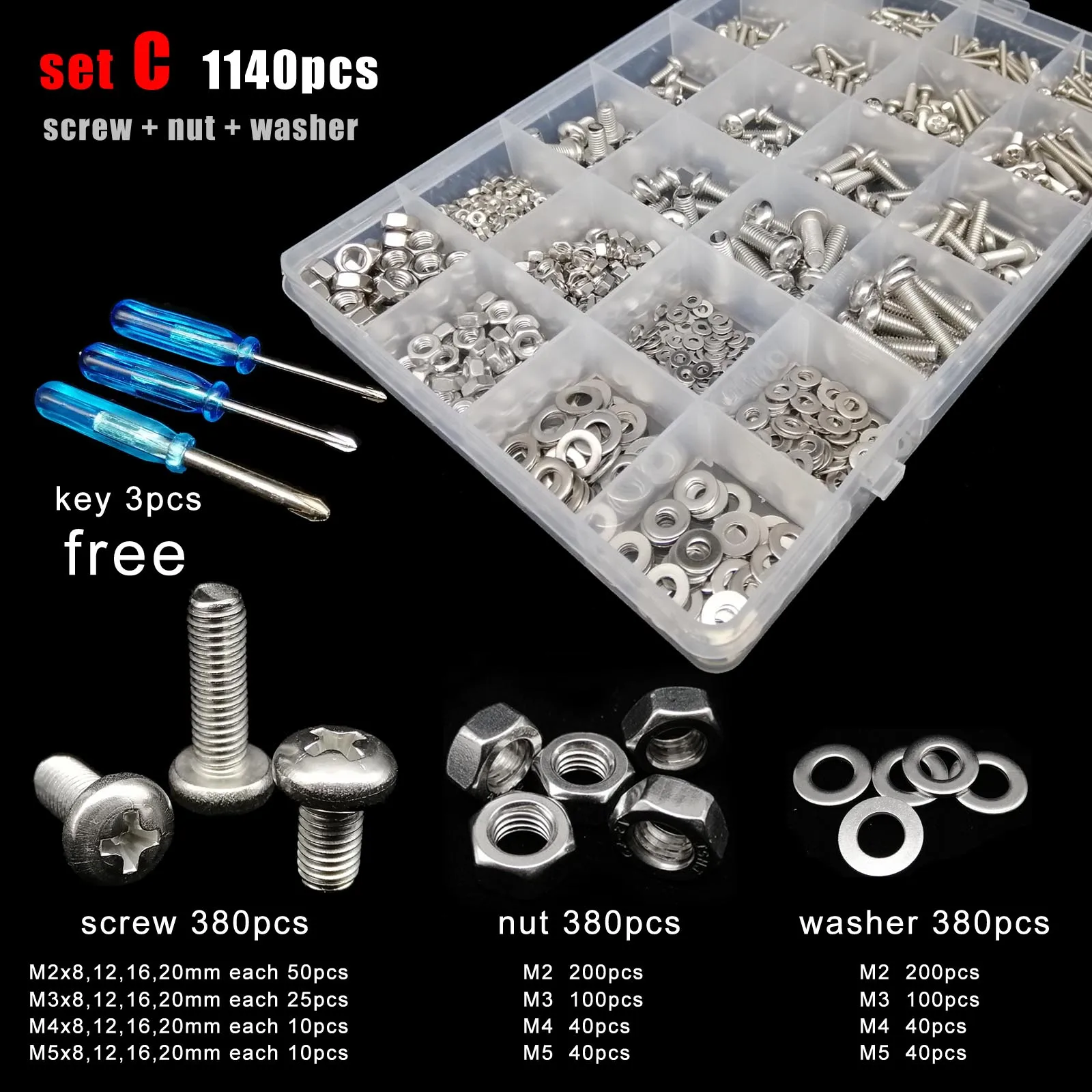 400/2100pc M1.6 M2 M2.5 M3 M4 M5 304 A2 Stainless Steel Mix Size Cross Phillips Pan Round Head Screw Bolt Nut Washer Set Kit Box