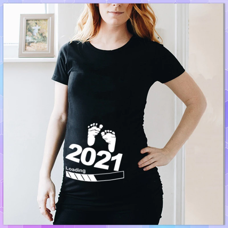 4XL Plus Size Women Pregnant Tee Shirt Baby Loading Printed Maternity Short Sleeve Pregnancy Announcement Shirts Mom Clothes