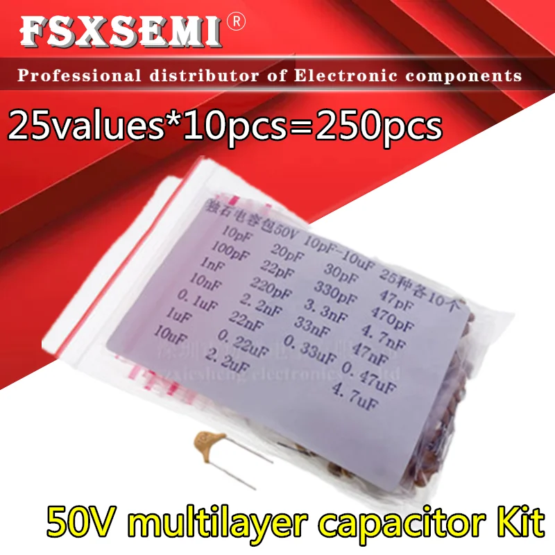 

25values*10pcs=250pcs 50V multilayer capacitor MLCC kIt 5.08MM 10pF-10uF capacitors