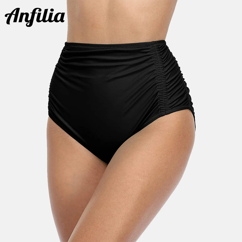 

Anfilia Women's Bikini Bottom High Waisted Ruched Side Swimming Bottoms Solid Tankini Briefs