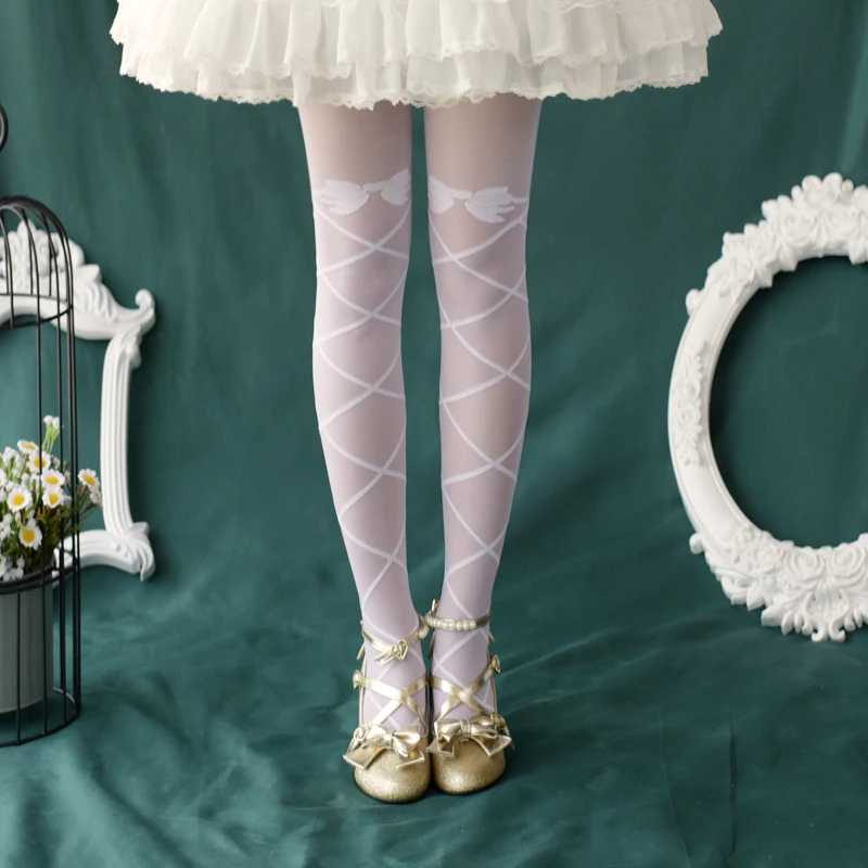 Japanese Lolita Ballet Cross Strap Bow Pantyhose Lolita Sweet Leggings White Stockings Thin student gothic lolita knee socks