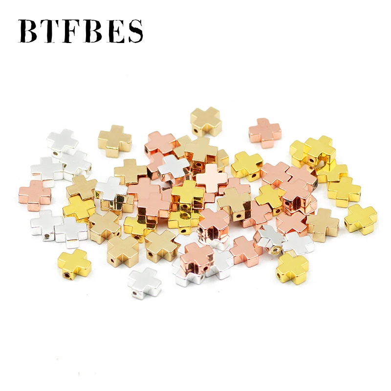 BTFBES Natural Stone Hematite Jesus Cross 8mm Gold Color Loose Beads For Charm Jewelry Making Diy bracelet Accessories