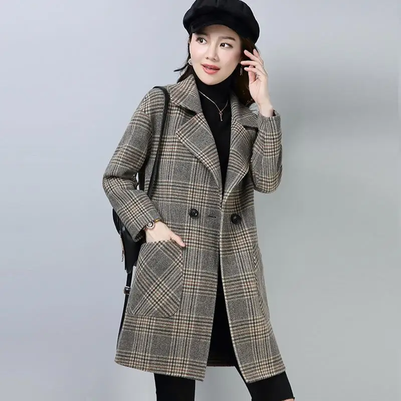 2025Autumn Winter New Coat Ladies Woolen Jacket Women's Mid-Length Korean Version Plaid Overcoat Suit Collar Wool Outwear Female