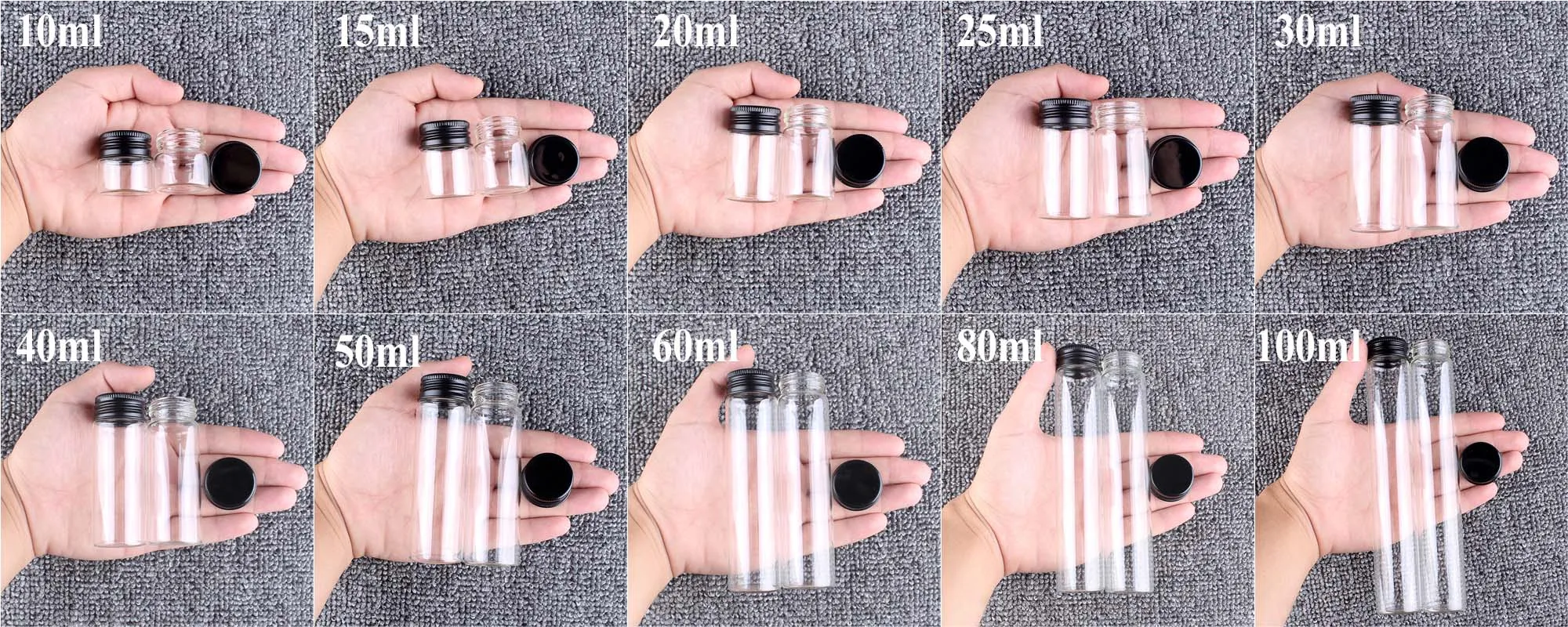 12 pieces/lot 10ml 15ml 20ml 25ml 30ml 40ml 50ml 60ml 80ml 100ml Glass Bottles With Black Aluminum Caps Potion Spice Jars Vails