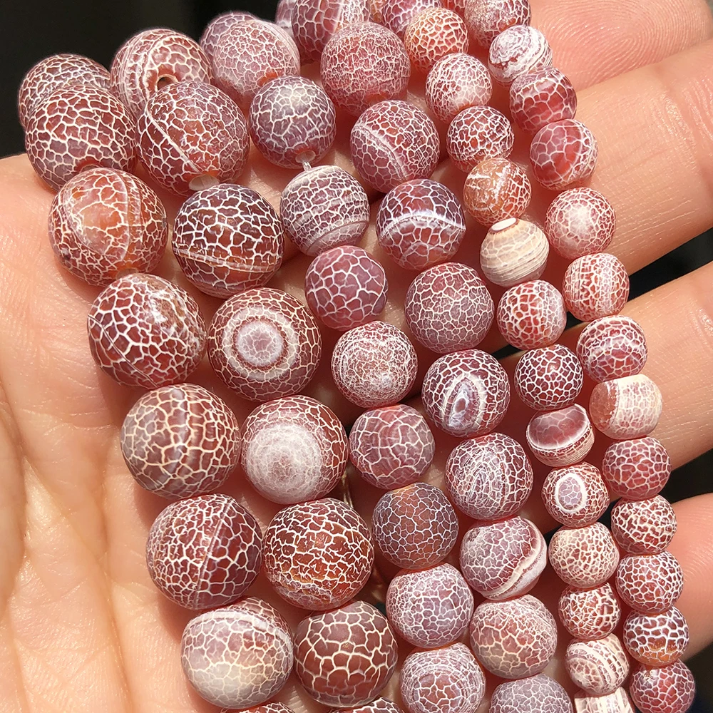 Natural Round Stone Frosted Red Cracked Dream Fire Dragon Veins Agates Beads For Jewelry DIY Making Bracelet 15''Inches 6 8 10mm