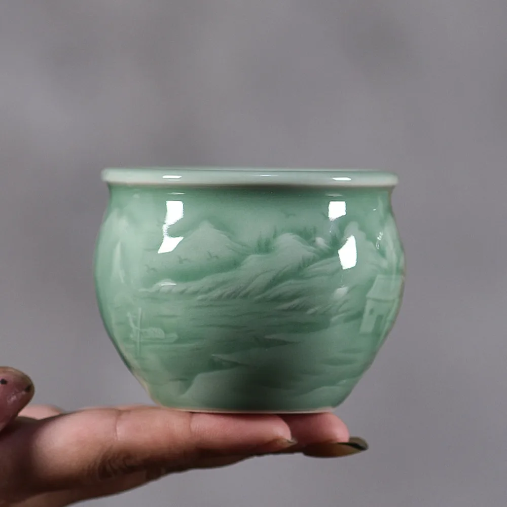 Chinese Kung Fu Teacup 1PC Flat Cup 5oz Ceramic Cups of Tea 150ml Handmade Celadons Porcelain Drinkware Decor Iandscape Painting