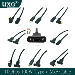10Gbps 100W 5A PD 4K USB-C USB 3.1 Type C 90 degree right angle Male to Female Extension Data Cable with Panel Mount Screw Hole