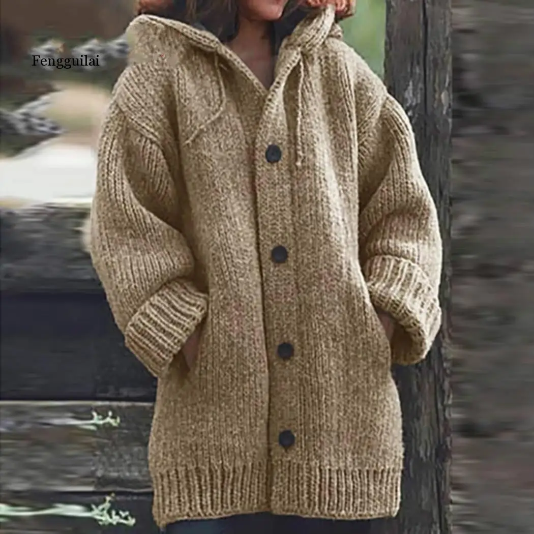 

Women Solid Knitted Coat Long Sleeve Casual Button, Autumn, Winter Casual Drawstring Button Loose Outwear