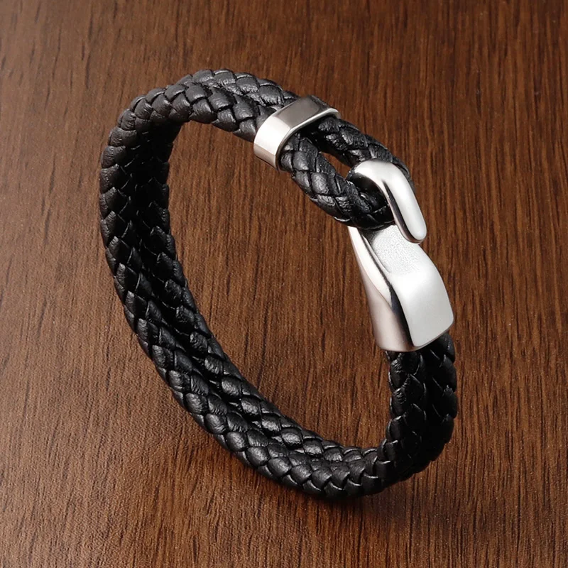 2021 New Style Hand-woven Accessories Combination Stainless Steel Men's Leather Bracelet Steel Color Jewelry