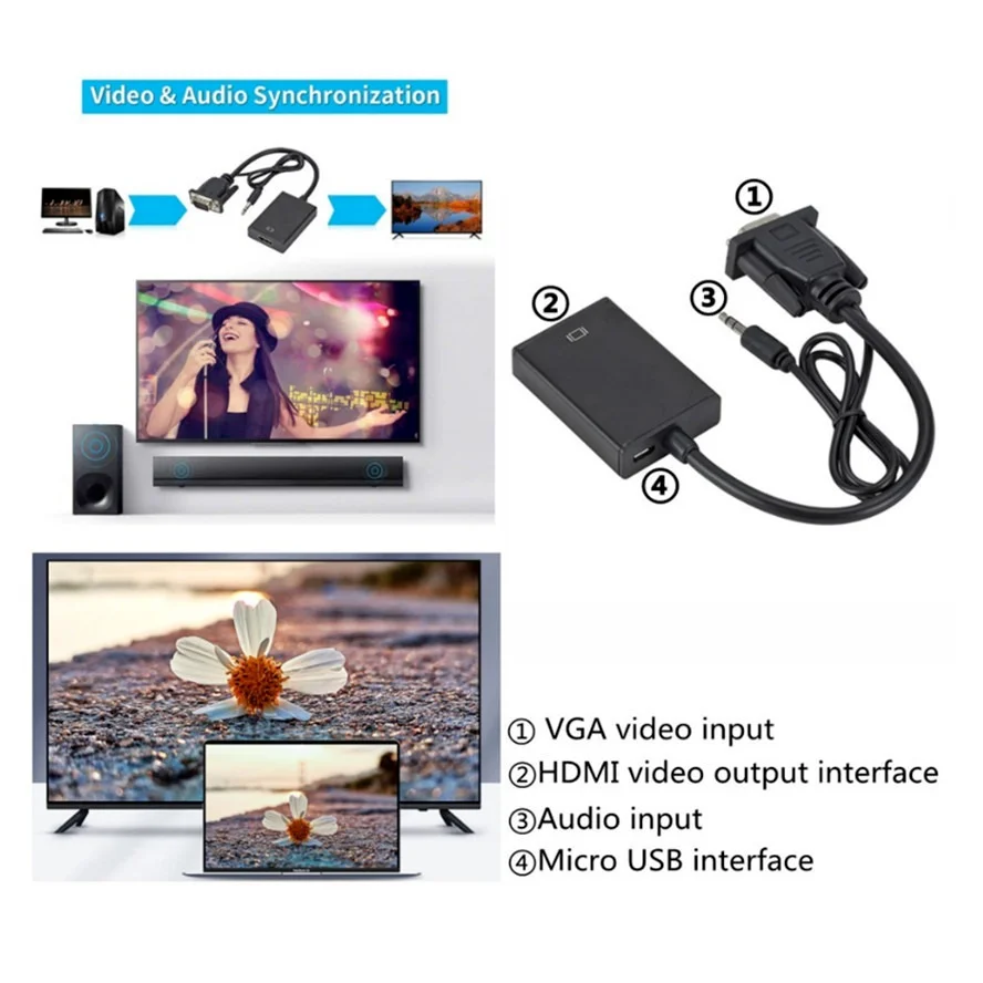 Adaptor Konverter Kompatibel dengan HD 1080P VGA Ke HDMI Adaptor VGA untuk Laptop PC Ke HDTV Proyektor Video Audio HDMI Ke VGA HD