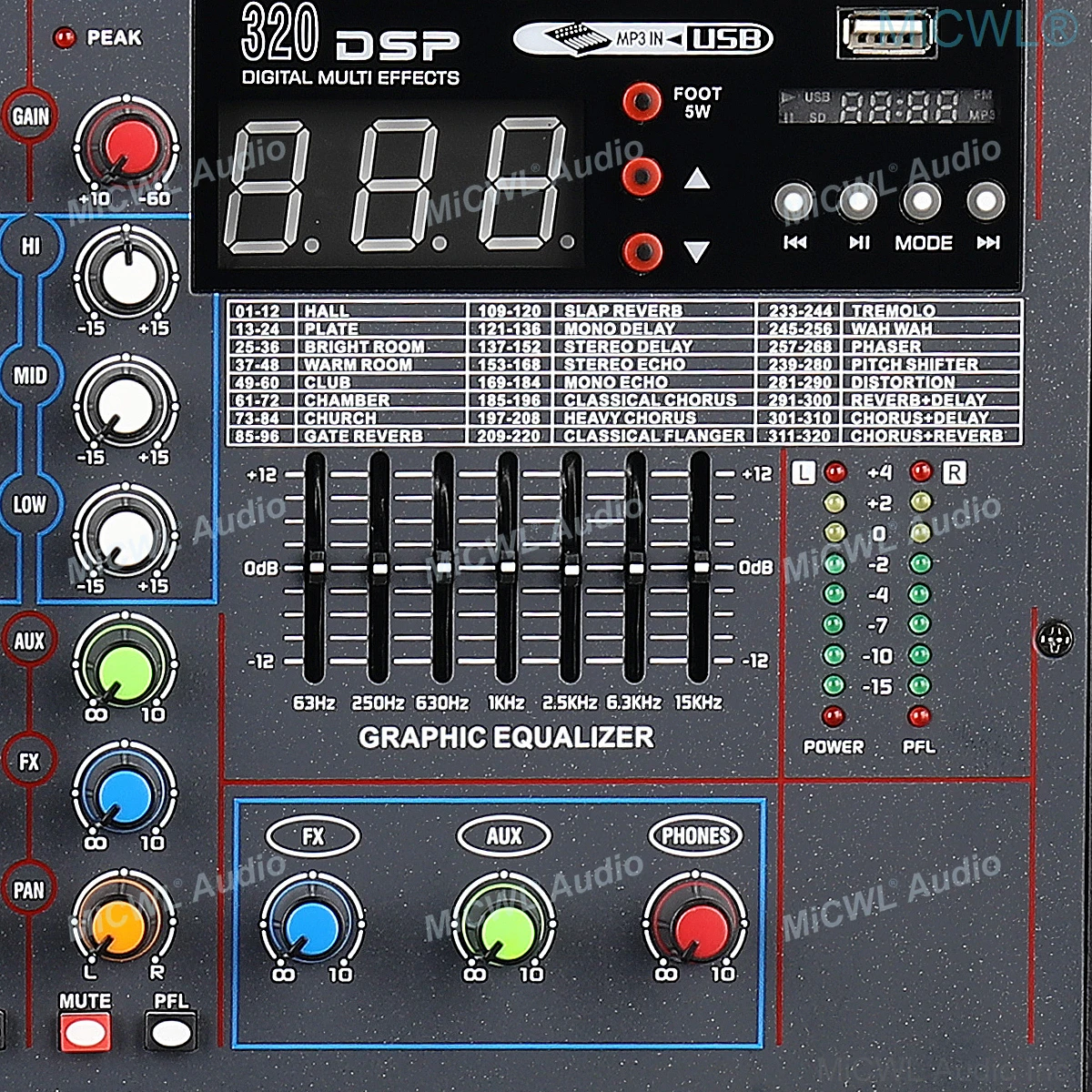 MiCWL ses 8 kanal AUX FX 7 marka EQ 320 DSP dijital efektler ses karıştırma konsolu USB Bluetooth mikser 48V fantom