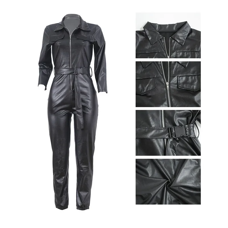 Sexy PU Leather Long Sleeve Jumpsuit Women Fall Winter Gothic Bandage Belt Overall Plus Size Streetwear Bodycon Black Rompers