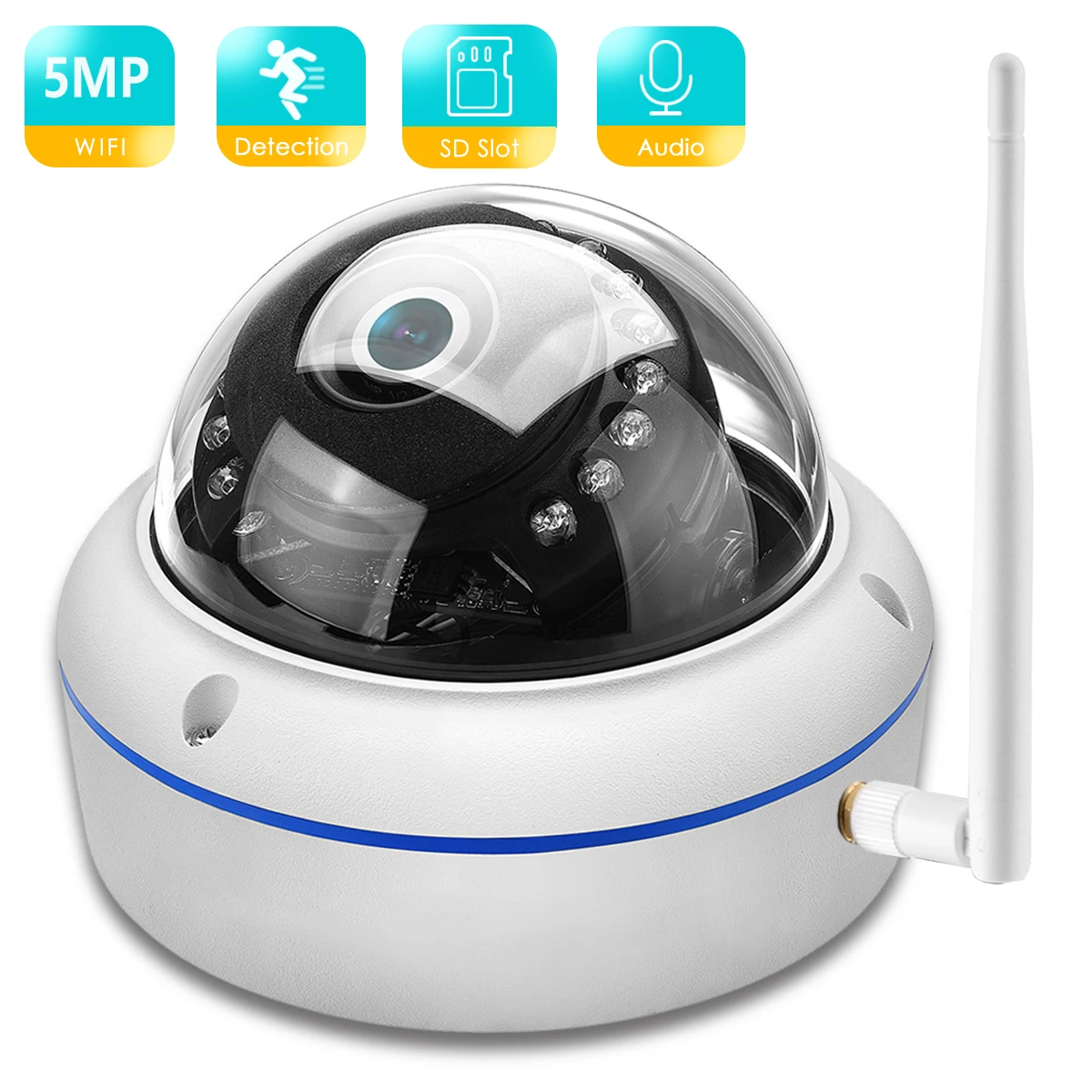 BESDER 5MP WiFi Wireless Audio Home Security Night Version IP Camera 1080P Camera Vandal-proof 128G TFCard Outdoor Dome Camera