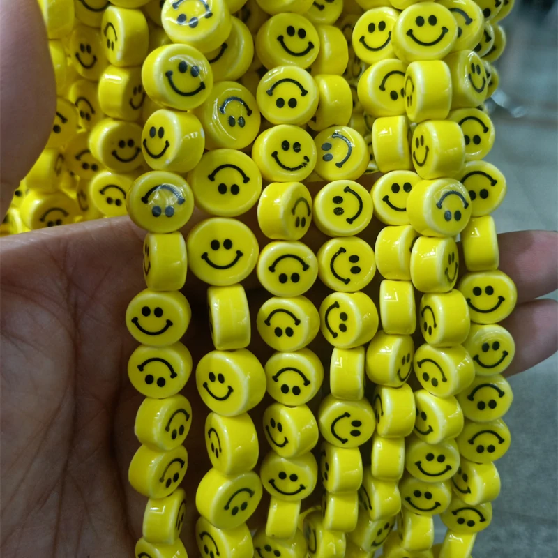 50pcs Yellow Smiling Face Ceramics Beads 8mm 10mm 12mm Loose Spacer DIY Ceramic Bead For Jewelry Bracelet Necklace Making