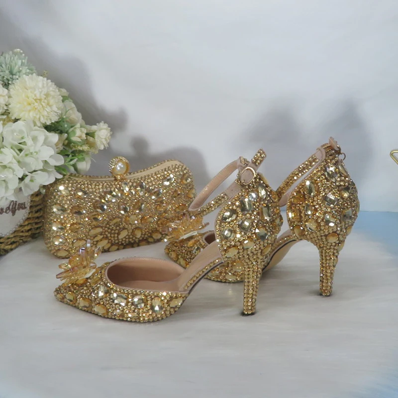 2021New  Golden crystal Bridals Wedding shoes with matching bags Rhinestone high heels ankle strap women party dress shoes