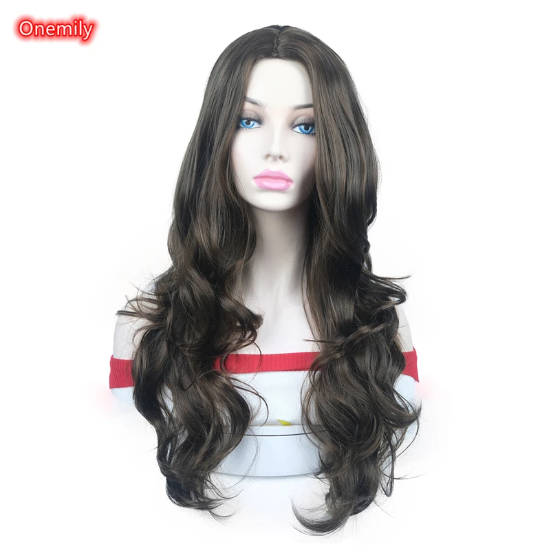 

Onemily 76cm Very Long Very Thick Wavy Middle Part Heat Friendly Synthetic Natural Daily Wig for Women Girls Brown Auburn Mix