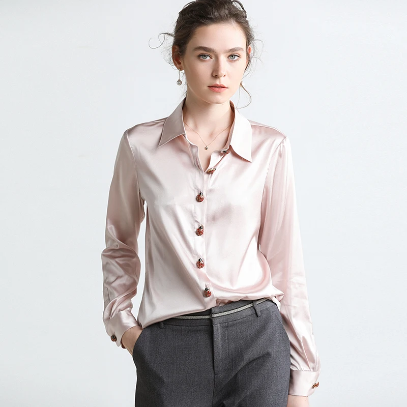 Chemisier à manches longues en Satin de soie véritable pour femmes, chemise de bureau rose, hauts pour dames, mode printemps automne 2020