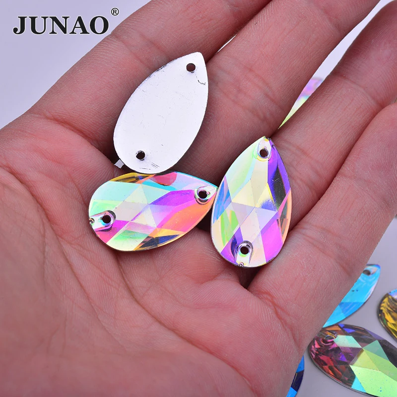 JUNAO 20Pcs 17*28mm Crystal AB Sewing Teardrop Rhinestones Applique Flatback Resin Crystal Stones For DIY Clothes Carfts