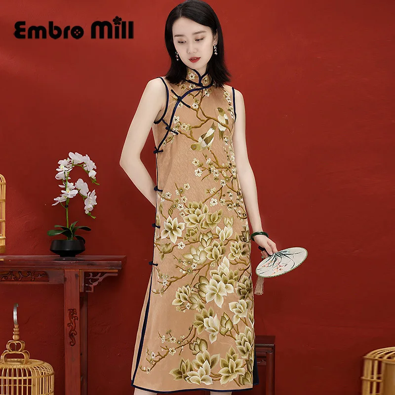 Cheongsam High-End Custom Made Slim Elegant Retro Hand-Embroidered Spring And Autumn Middle Length Chinese Style Dress M-3XL