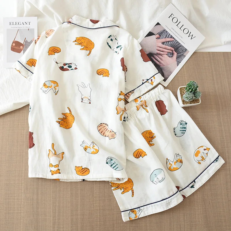 Japanische Sommer-Damen-Pyjamas, zweiteilig, 100% Baumwollgaze, dünn, kurzärmelig, Shorts, niedlicher Katzen-Cartoon, Hausanzug-Set für Frauen – Detail 3