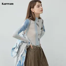 Karrram Vintage Designer Clothes Graphic Print Mesh Tops Turtleneck England Style Elegant Long Sleeve T-shirt Sheer Tops Autumn