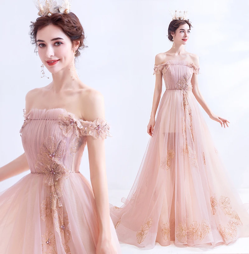 

2020 New Fashion Pink A-line Tulle Appliques Beading Long Formal Elegant Evening Dresses Bride Banquet Party Prom Dress ND17I