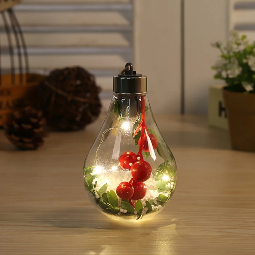Plastica trasparente LED Ball Ornament forma di lampadina albero di natale ornamenti di luce pendenti con tappo a vite, palline di schiuma