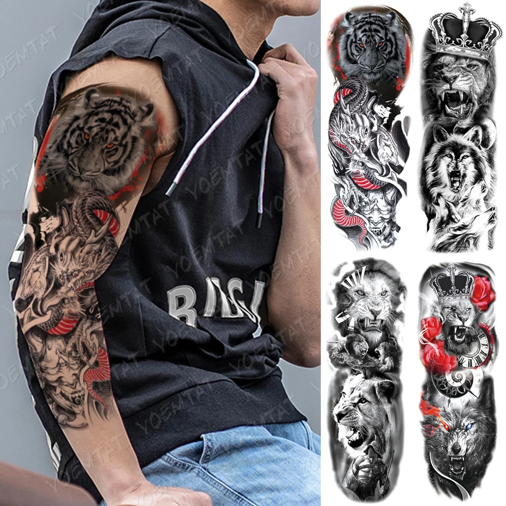 

Large Arm Sleeve Tattoo Bloody Tiger Dragon Waterproof Temporary Tatto Sticker Wolf Lion Body Art Full Fake Tatoo Women Men