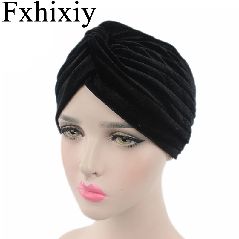 

Muslim Women Stretch Velvet Ruffle Turban Hats Cancer Chemo Beanie Hijab Headwrap Pleated Headwear Hair Cover