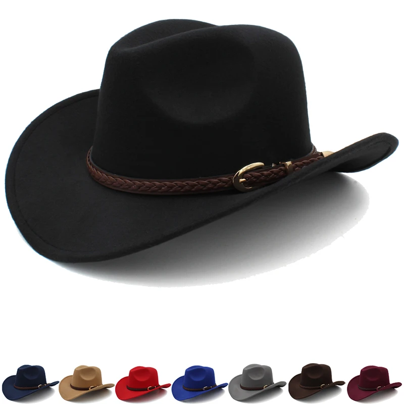 Coffee Leather Band Vintage Parent-child Women Men /Kid Child Wool Wide Brim Cowboy Western Hat Cowgirl Bowler Cap (54-57-61cm)