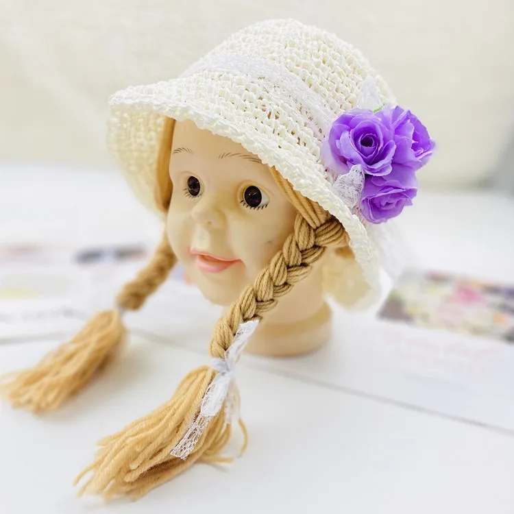 Spring Summer Baby Kids Girl Sun Block Beach Hat Hair Pigtail Braid Wig Bucket Cap Children Girls Princess Flower Straw Hat Cap