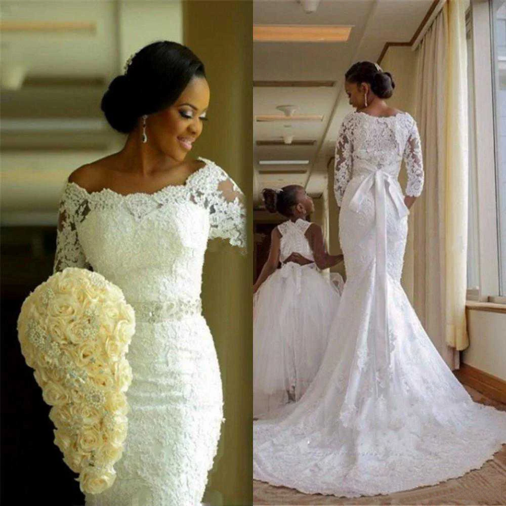 

WAJY New Vestido De Noiva Lace African Mermaid Wedding Dress 2020 Customized Plus Size Pearls Bridal Wedding Gowns