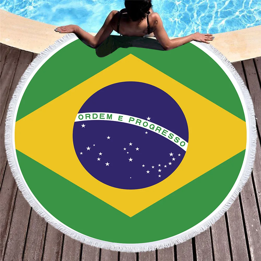 

National Flag Round Beach Towel Diameter 150cm Microfiber Brazil Russia France Bath Towel Travel Summer Swim Towel with Tassel